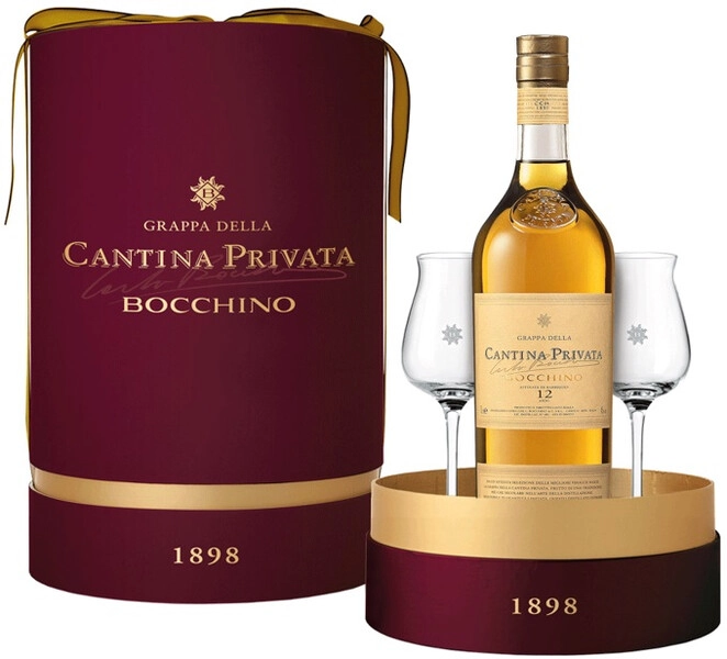 Граппа Bocchino, Cantina Privata 12 anni, gift tube with 2 glasses, 0.7 л