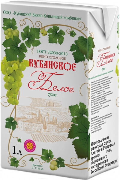 Вино КВКК, "Кубанское" Белое Сухое, Тетра Пак, 1 л