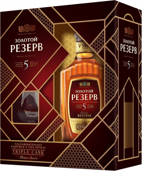Коньяк "Золотой Резерв" 5-летний, в подарочной коробке с бокалом, 0.5 л